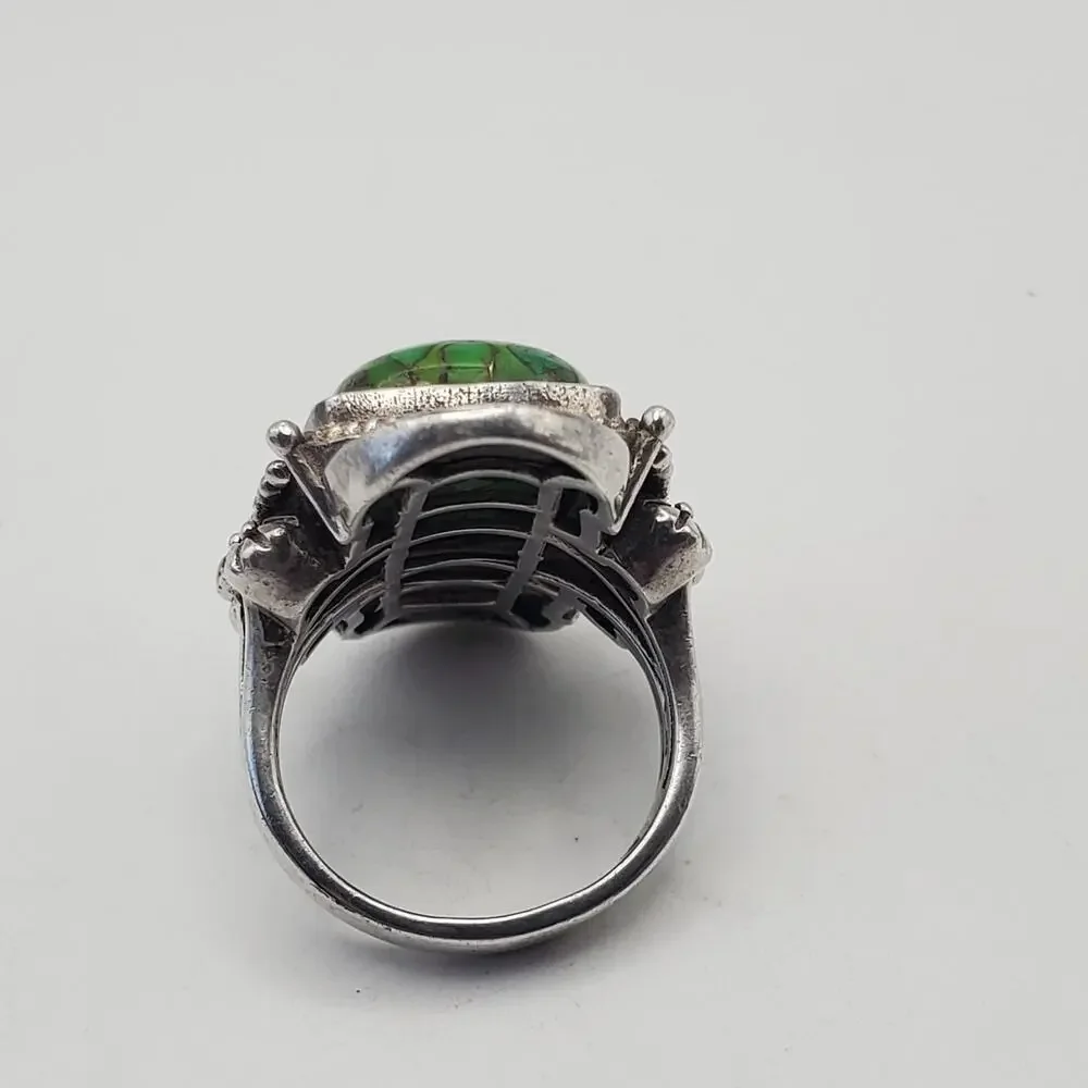 Vintage 925 Sterling Silver Green Copper Turquoise Ring Size 7.75